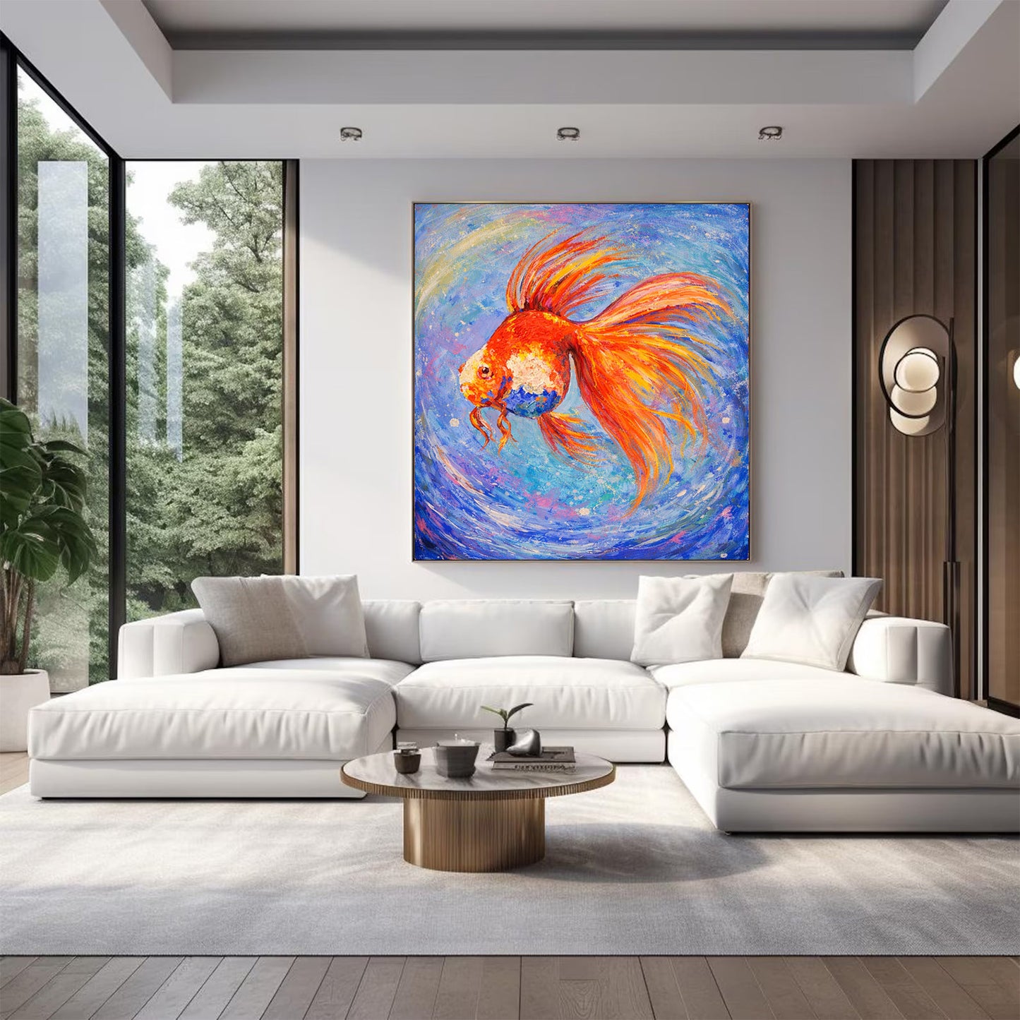 Abstract Goldfish Painting – Hand-Painted Blue Canvas Art