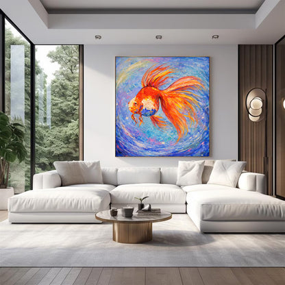 Abstract Goldfish Painting – Hand-Painted Blue Canvas Art
