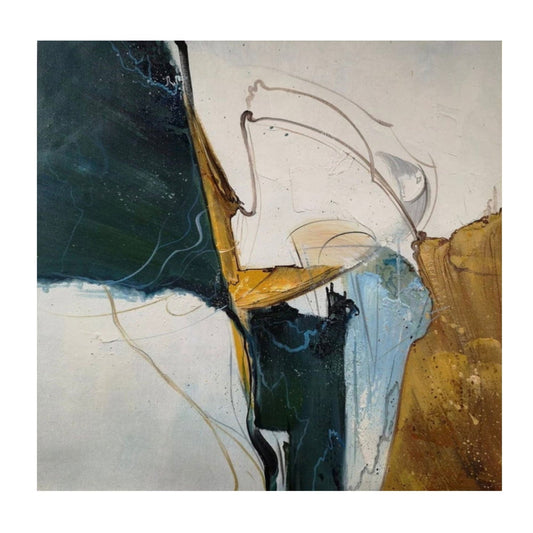 Hand-painted marble effect abstract canvas in green and white with fluid textured design