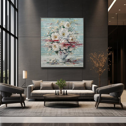 Hand-painted white floral bouquet in textured abstract style with soft blue background and gold accents, luxury wall art for living room or bedroom