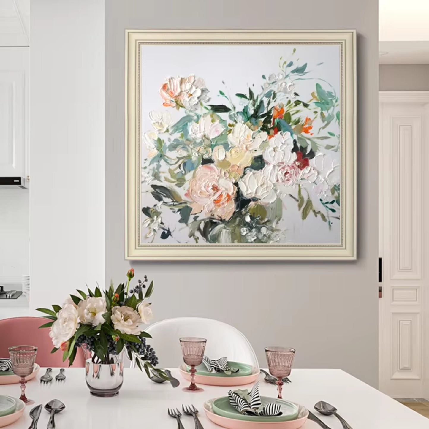 Handmade European Peony Oil Painting Dining Room Décor