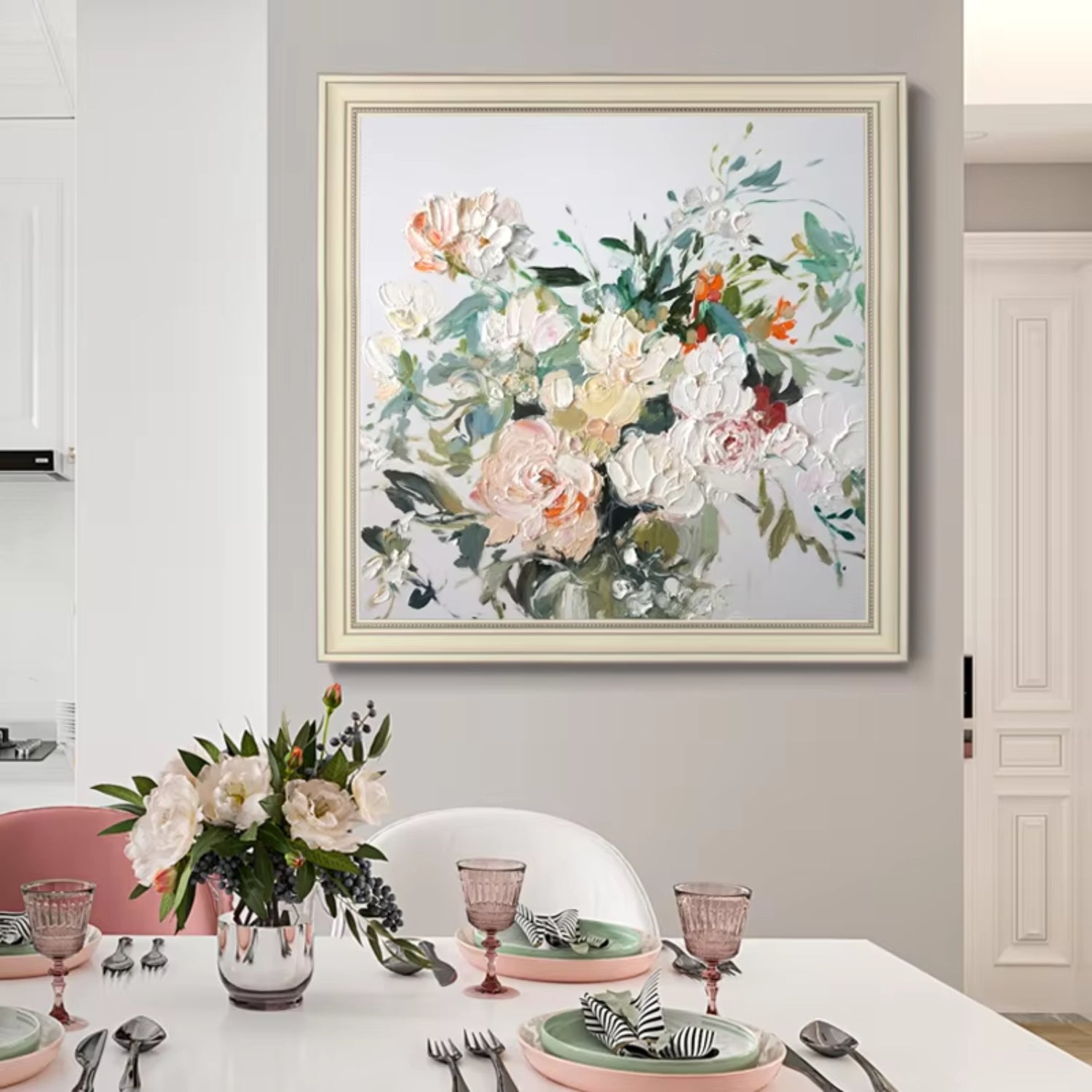 Handmade European Peony Oil Painting Dining Room Décor