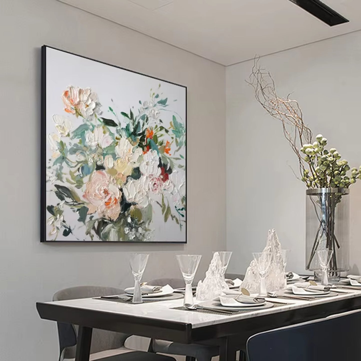 Handmade European Peony Oil Painting Dining Room Décor