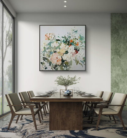 Vintage Peony Bloom – Hand-Painted Textured Floral Canvas Art in Soft Romantic Tones
