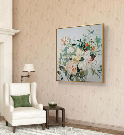Vintage Peony Bloom – Hand-Painted Textured Floral Canvas Art in Soft Romantic Tones
