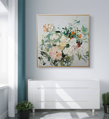 Vintage Peony Bloom – Hand-Painted Textured Floral Canvas Art in Soft Romantic Tones