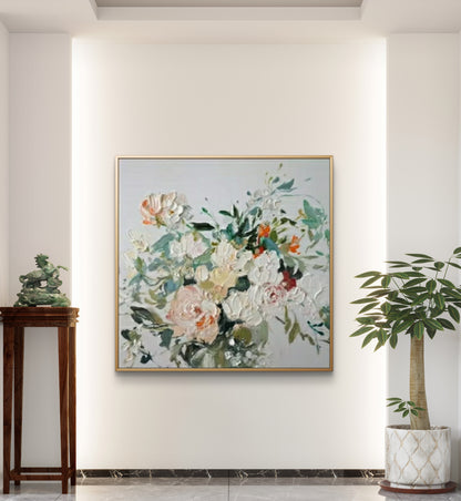 Vintage Peony Bloom – Hand-Painted Textured Floral Canvas Art in Soft Romantic Tones