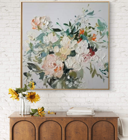 Vintage Peony Bloom – Hand-Painted Textured Floral Canvas Art in Soft Romantic Tones