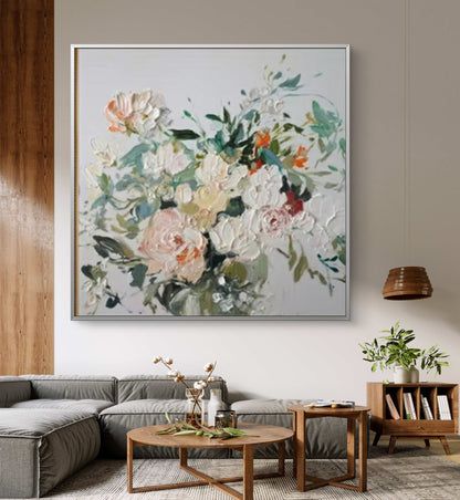 Vintage Peony Bloom – Hand-Painted Textured Floral Canvas Art in Soft Romantic Tones