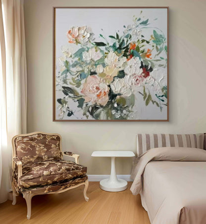 Vintage Peony Bloom – Hand-Painted Textured Floral Canvas Art in Soft Romantic Tones