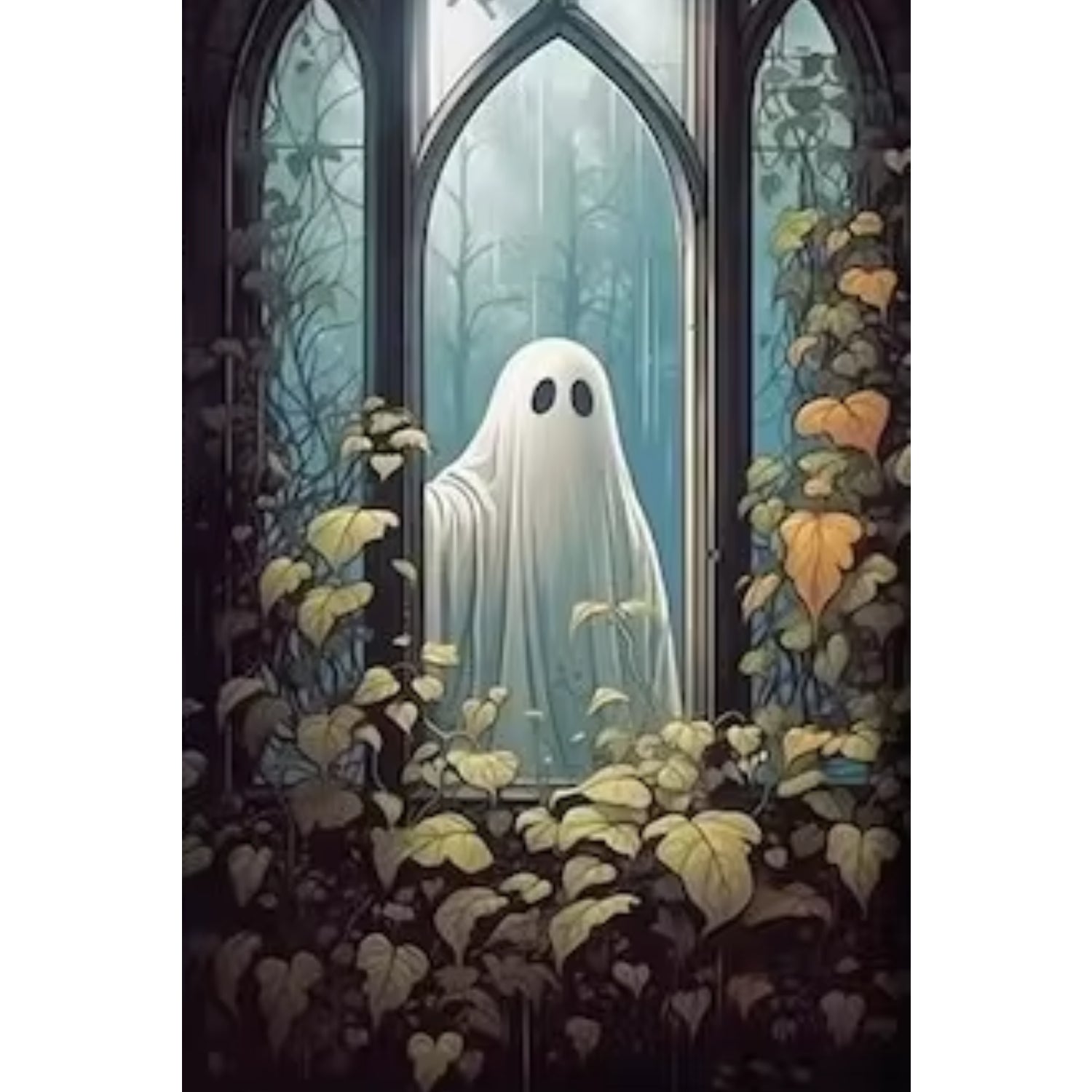 Haunting Gothic Ghost in Overgrown Window - Dark Academia Wall Art