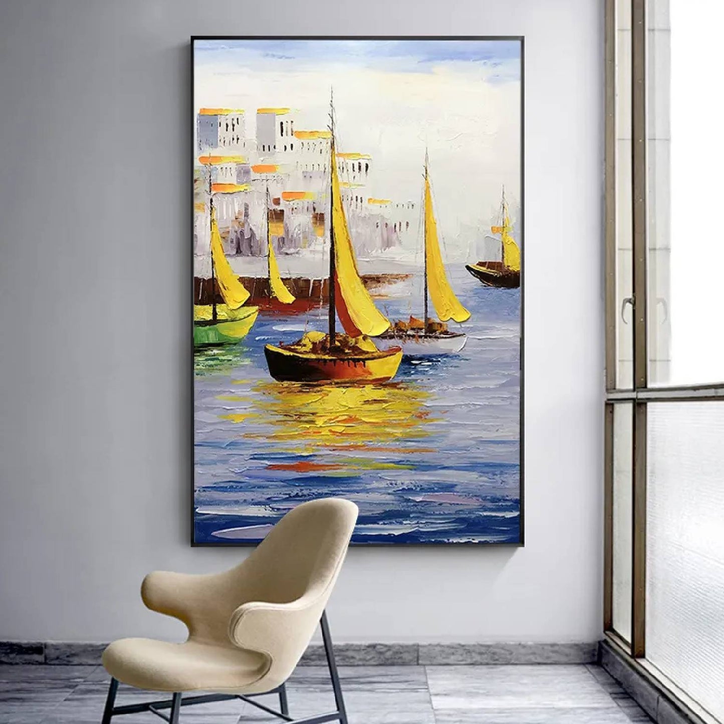 Heavy Textured Ocean Boats Coastal View Panting