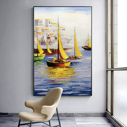 Heavy Textured Ocean Boats Coastal View Panting