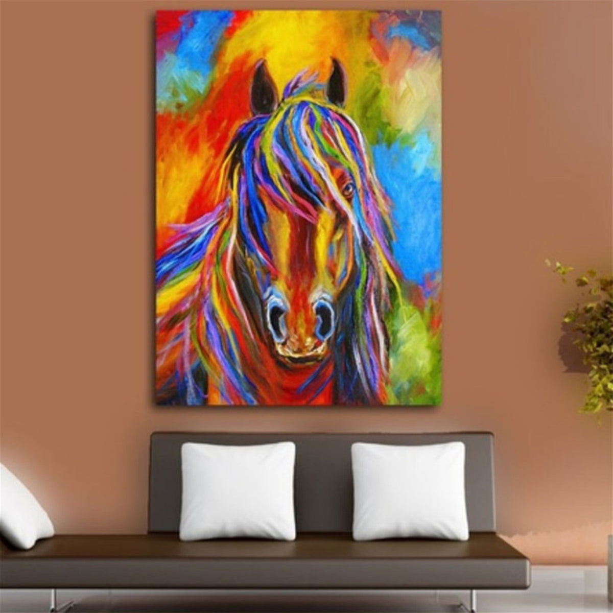 Room mockup. A frontal horse with a long striped purple, blue, orange and yellow mane against a vivid warm and blue background.