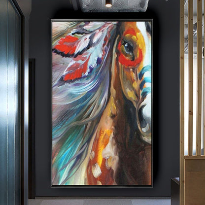 Room mockup. Close horse portrait with an orange eye area, blue-grey flowing mane and red and white feather-like shapes.