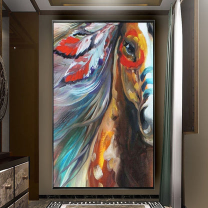 Room mockup. Close horse portrait with an orange eye area, blue-grey flowing mane and red and white feather-like shapes.