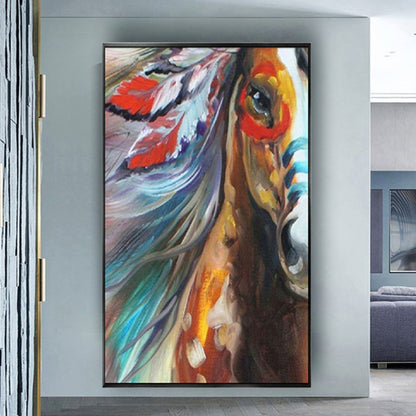 Room mockup. Close horse portrait with an orange eye area, blue-grey flowing mane and red and white feather-like shapes.