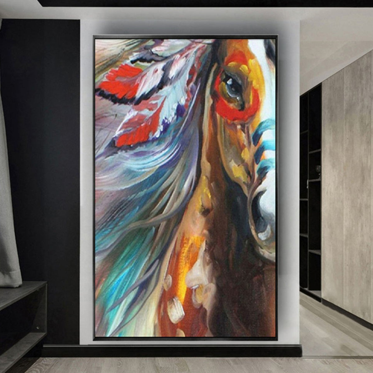 Room mockup. Close horse portrait with an orange eye area, blue-grey flowing mane and red and white feather-like shapes.