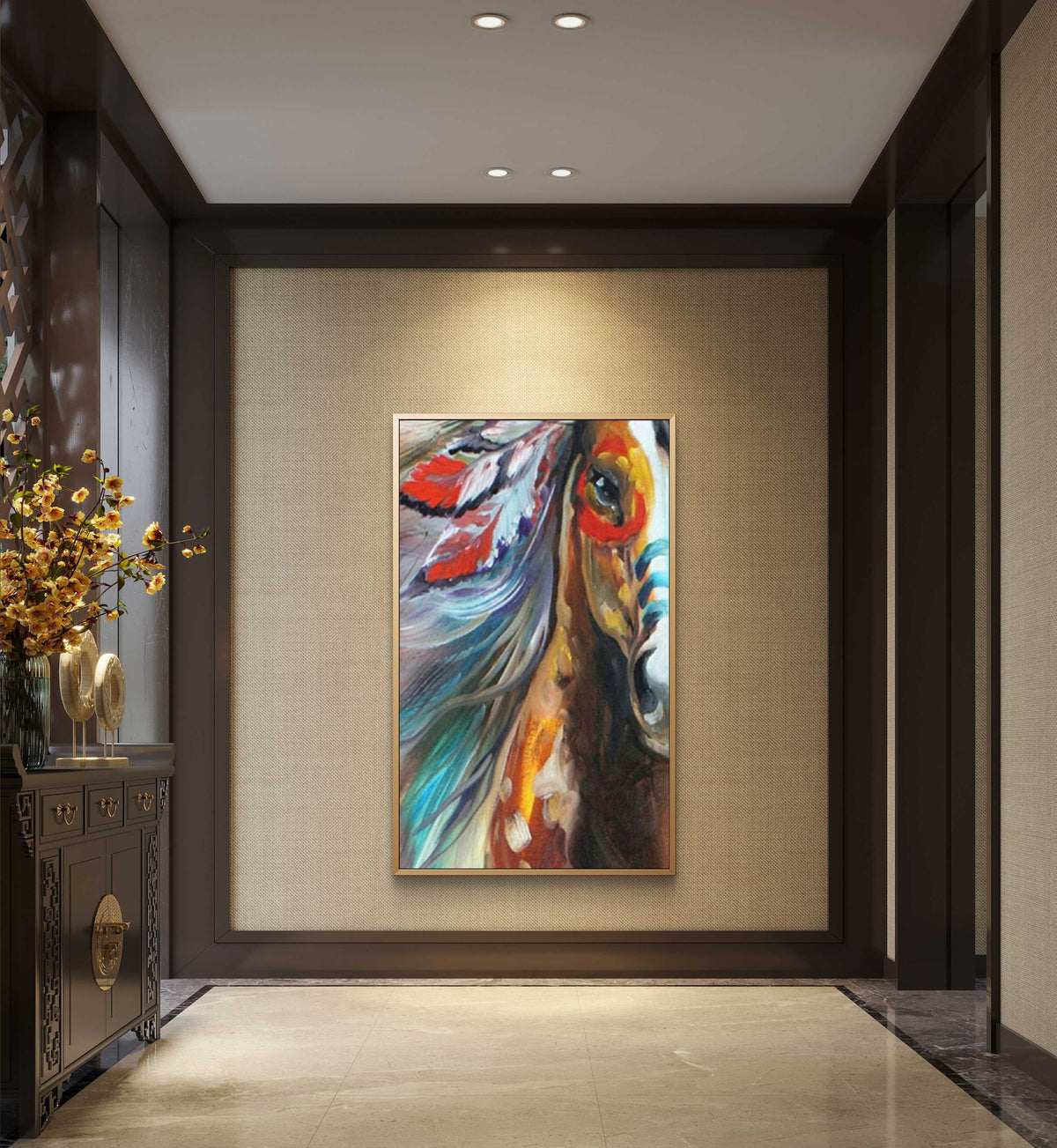 Room mockup. Close horse portrait with an orange eye area, blue-grey flowing mane and red and white feather-like shapes.