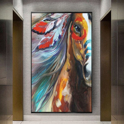 Room mockup. Close horse portrait with an orange eye area, blue-grey flowing mane and red and white feather-like shapes.