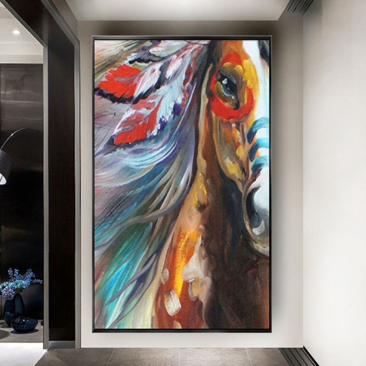 Room mockup. Close horse portrait with an orange eye area, blue-grey flowing mane and red and white feather-like shapes.