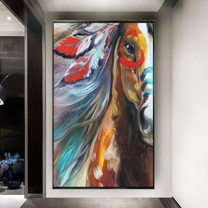Room mockup. Close horse portrait with an orange eye area, blue-grey flowing mane and red and white feather-like shapes.