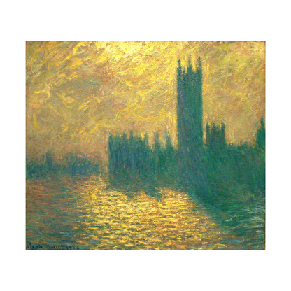 Hand-painted canvas featuring the dark silhouette of Parliament reflected in water beneath a glowing yellow sky.