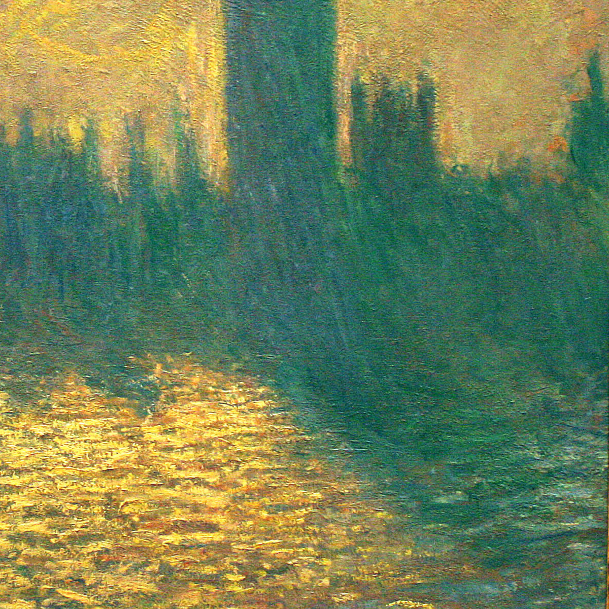 Hand-painted canvas featuring the dark silhouette of Parliament reflected in water beneath a glowing yellow sky.