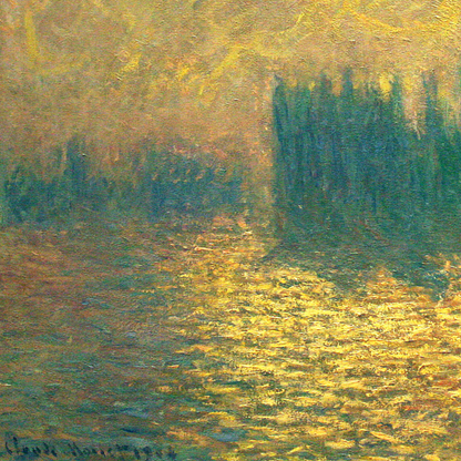 Hand-painted canvas featuring the dark silhouette of Parliament reflected in water beneath a glowing yellow sky.