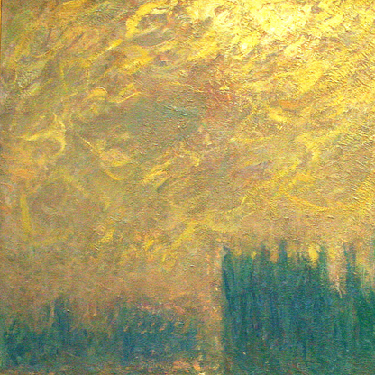 Hand-painted canvas featuring the dark silhouette of Parliament reflected in water beneath a glowing yellow sky.