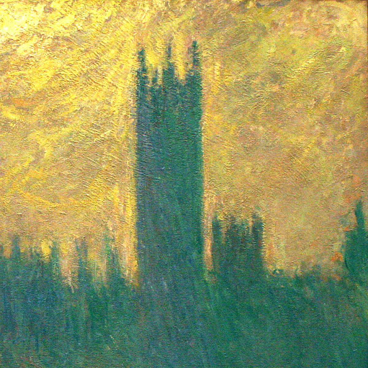 Hand-painted canvas featuring the dark silhouette of Parliament reflected in water beneath a glowing yellow sky.