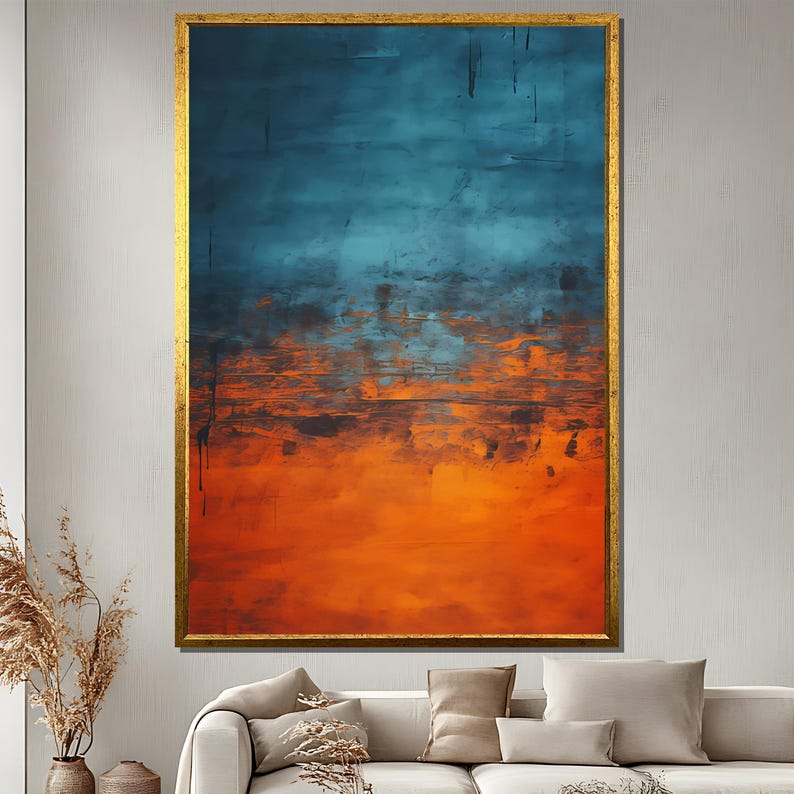 Bold Blue and Orange Abstract Oil Canvas, Modern Wall Art