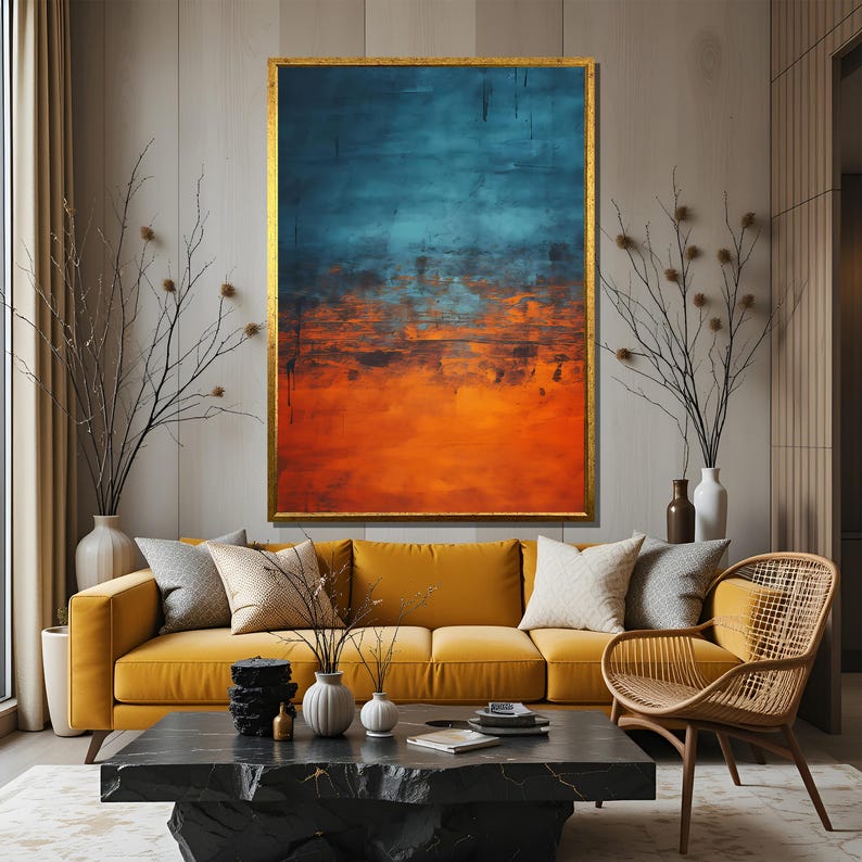 Bold Blue and Orange Abstract Oil Canvas, Modern Wall Art