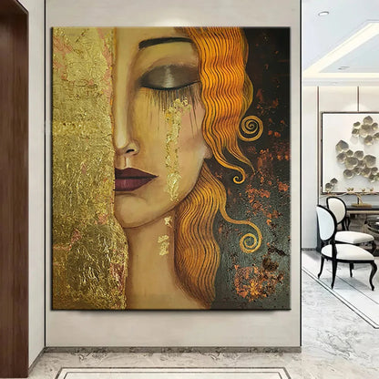 Whispers of Gold and Crimson – Hand-Painted Woman Portrait on Canvas