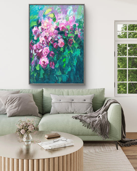 Impressionist Pink Roses Textured Floral Painting