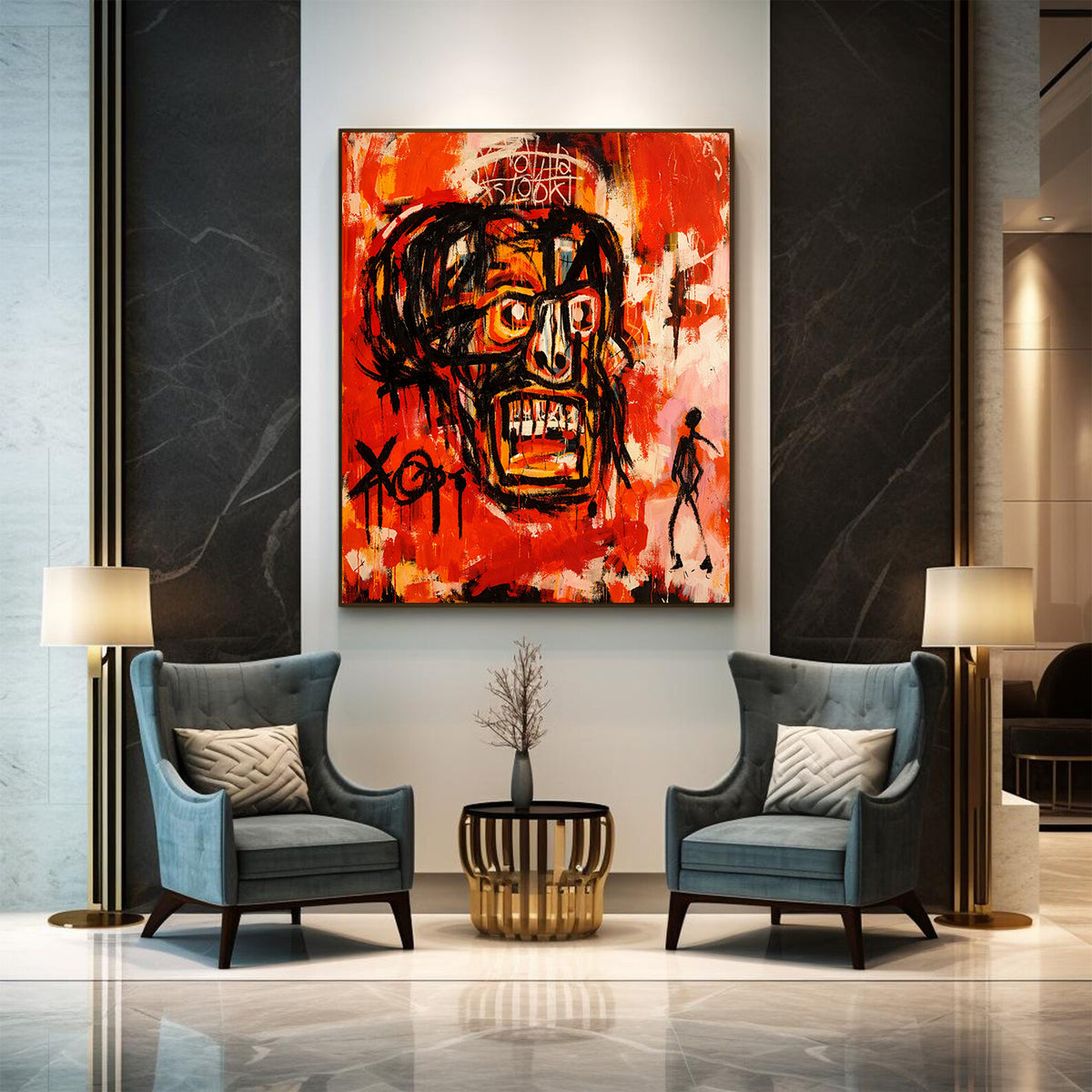 Modern living room with two gray armchairs, a small round table, and a large abstract painting on the wall.