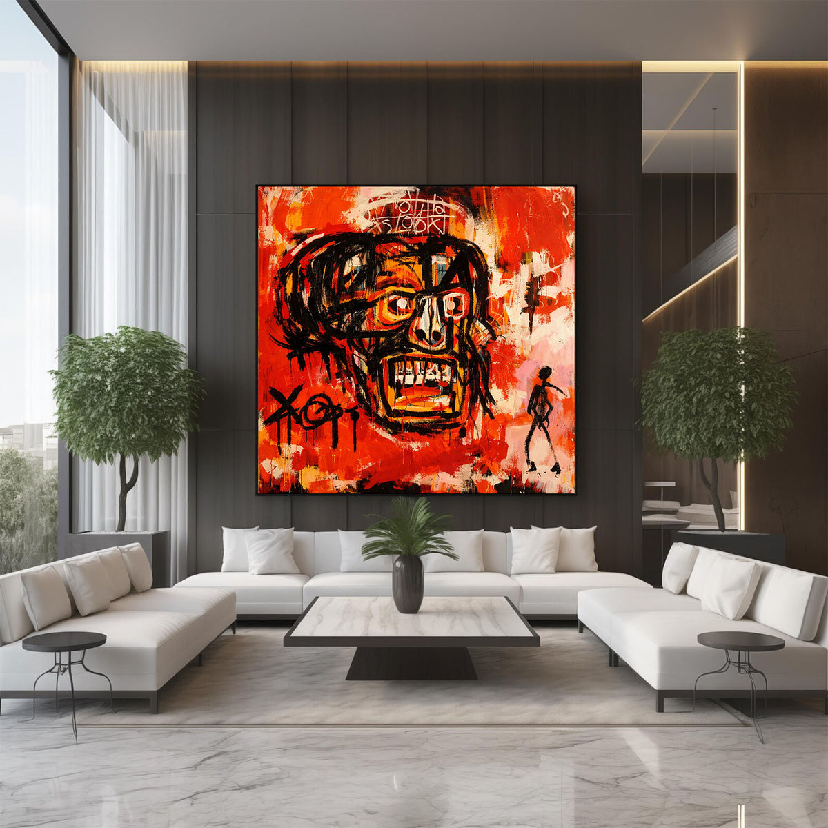 Modern living room with a large abstract painting on the wall