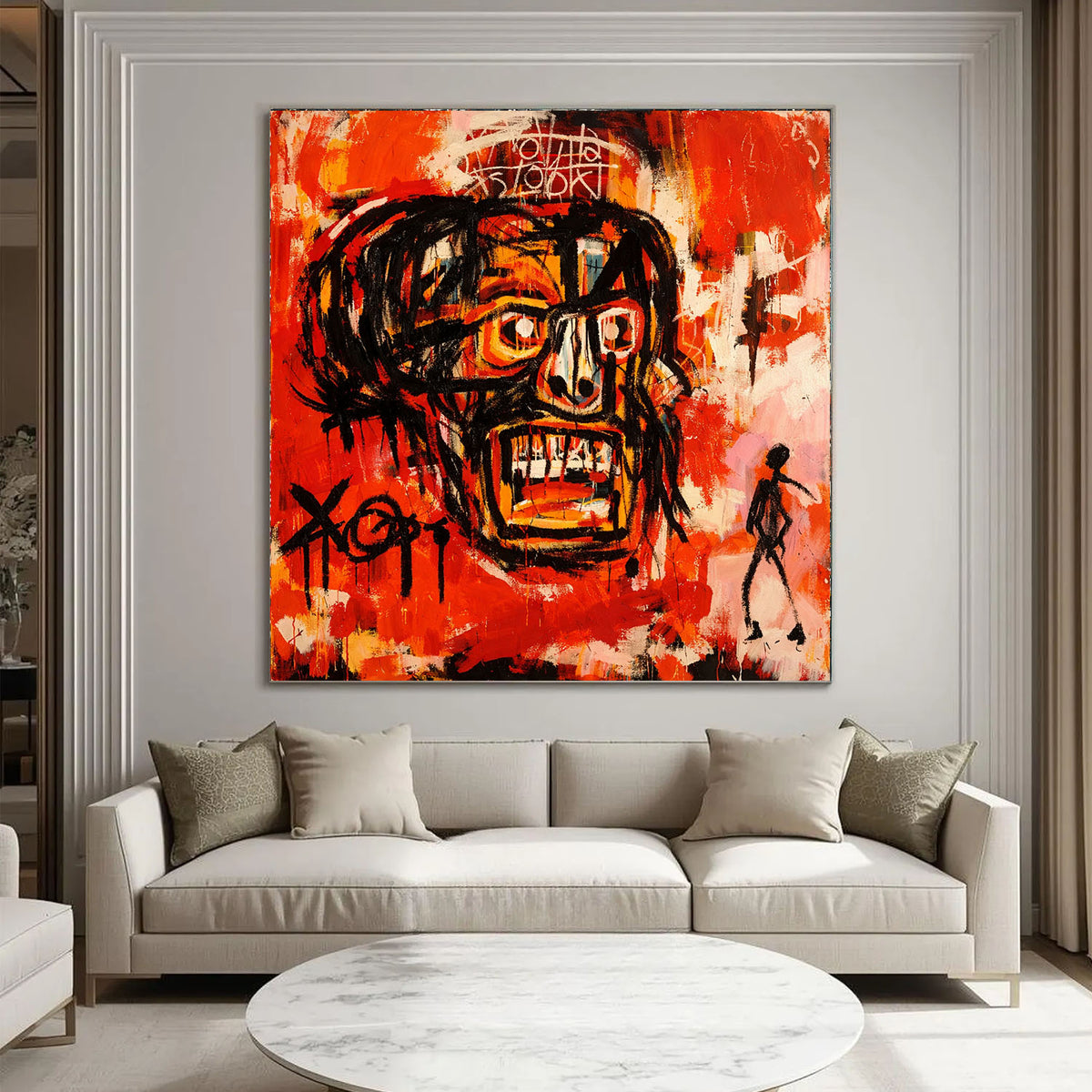 Inferno Mind painting showing a black outlined face against red and orange.