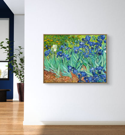 Blue Irises in Garden – Van Gogh Inspired Floral Painting on Canvas