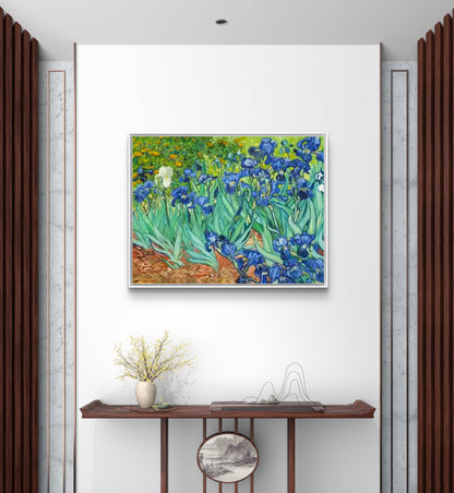 Blue Irises in Garden – Van Gogh Inspired Floral Painting on Canvas