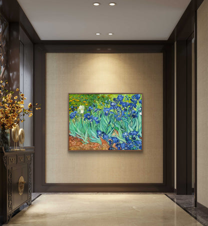 Blue Irises in Garden – Van Gogh Inspired Floral Painting on Canvas