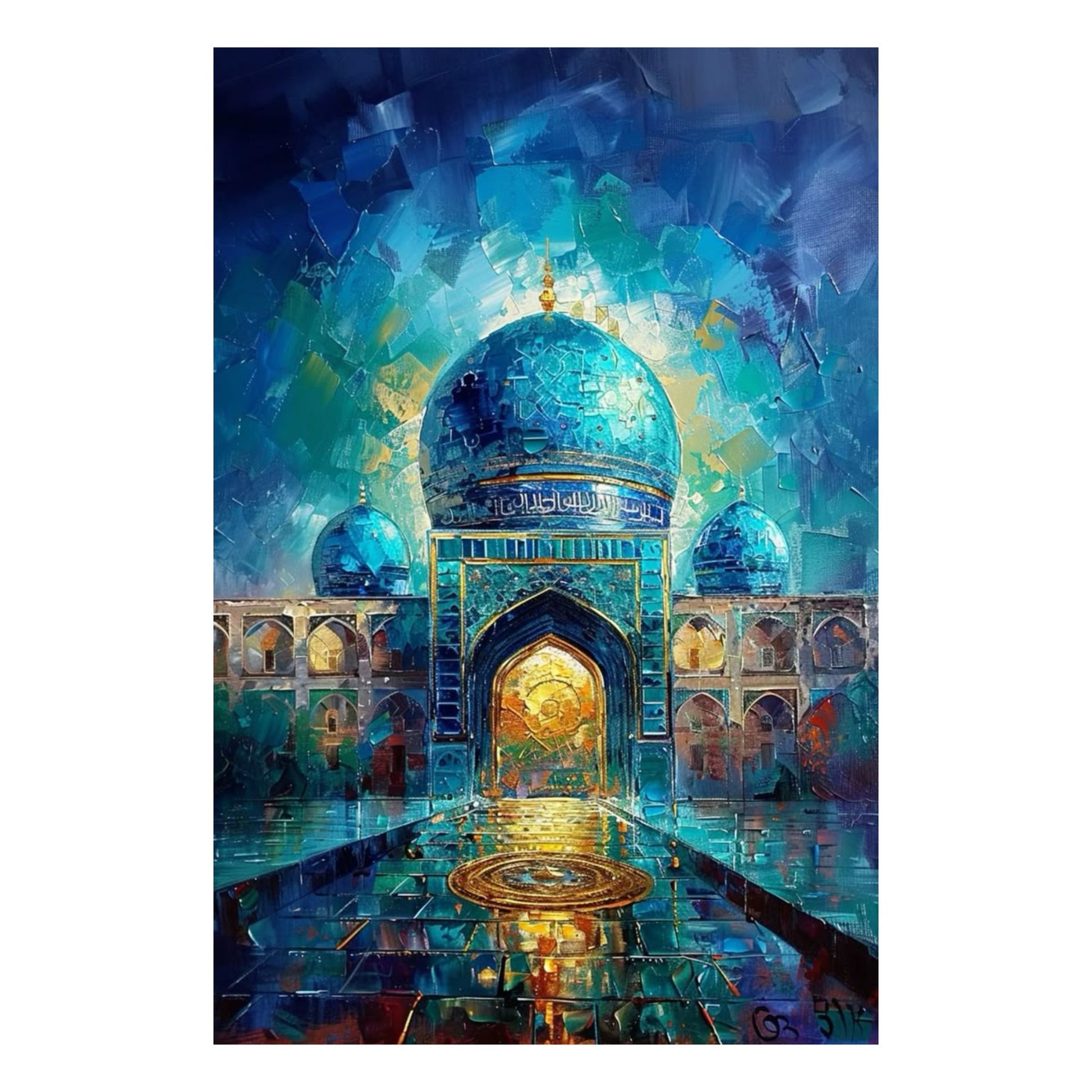 Colorful abstract painting of a architectural scene with domes and arches.