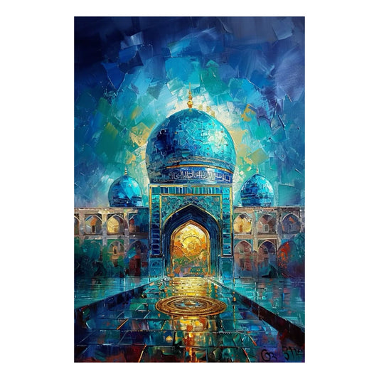 Colorful abstract painting of a architectural scene with domes and arches.