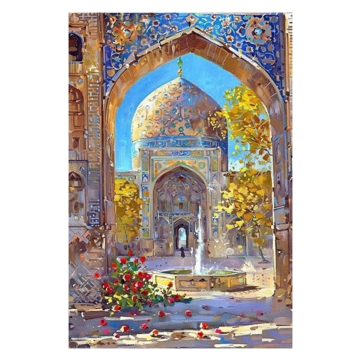 Decorative painting of a ornate archway with floral arrangements and a fountain.