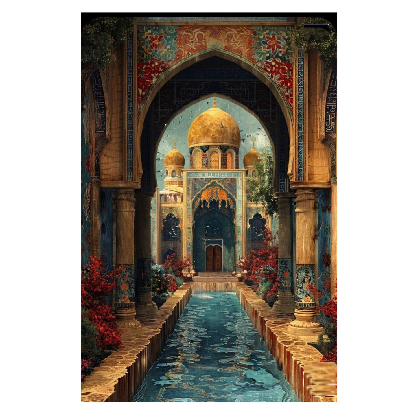 Decorative painting of an ornate architectural scene with domes and columns.