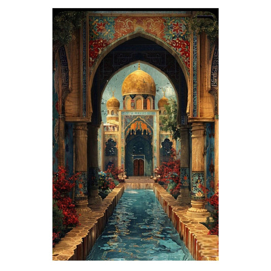Decorative painting of an ornate architectural scene with domes and columns.
