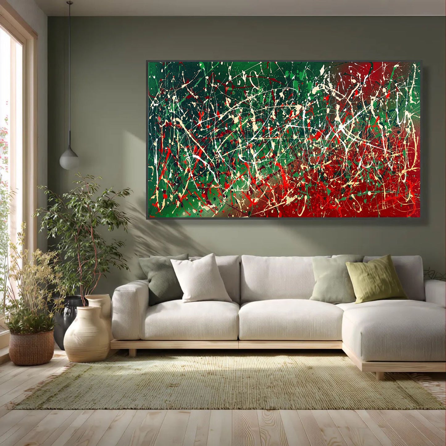 Large Pollock Inspired Italian Flag Wall Art | Hand Painted Abstract Canvas