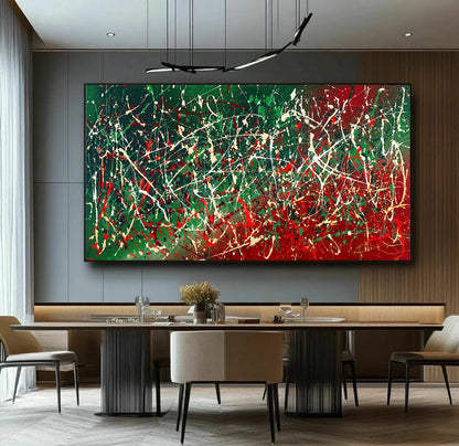Large Pollock Inspired Italian Flag Wall Art | Hand Painted Abstract Canvas