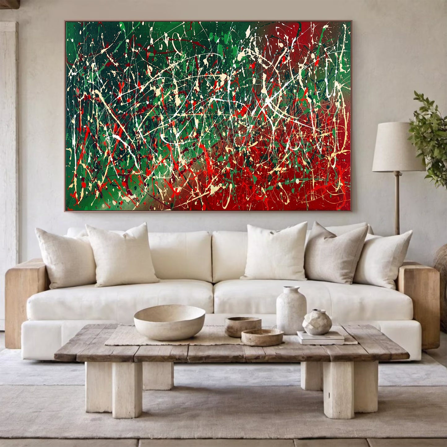 Large Pollock Inspired Italian Flag Wall Art | Hand Painted Abstract Canvas
