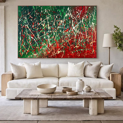 Large Pollock Inspired Italian Flag Wall Art | Hand Painted Abstract Canvas